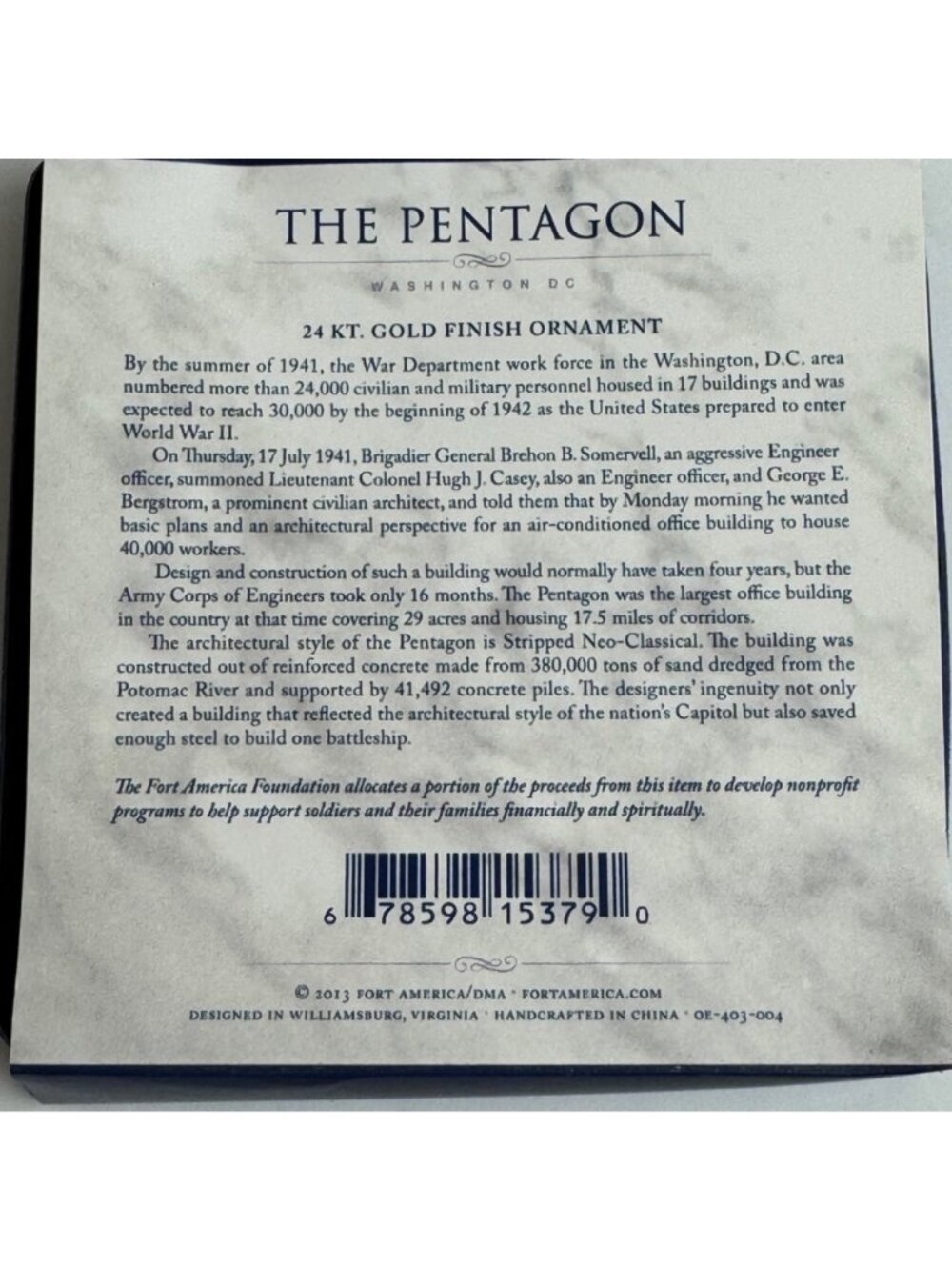 The Pentagon NIB Porcelain Brass Ornament 2013 Fort America 24 KT Gold Accents - Picture 6 of 11